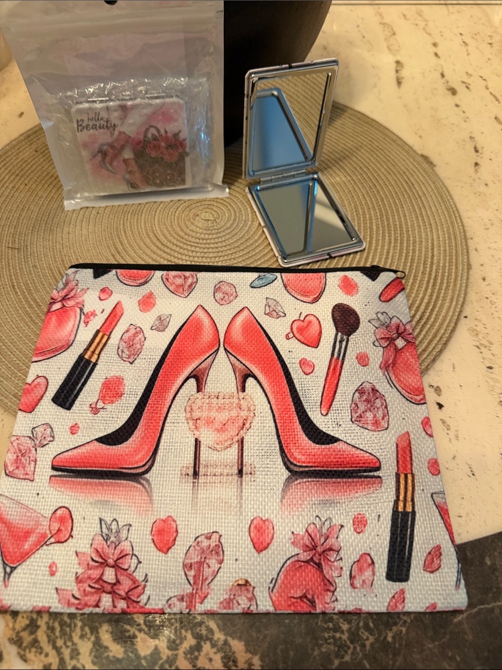 Stylish Pink High-Heel Print Cosmetic Pouch & Compact Double Sided Mirrors